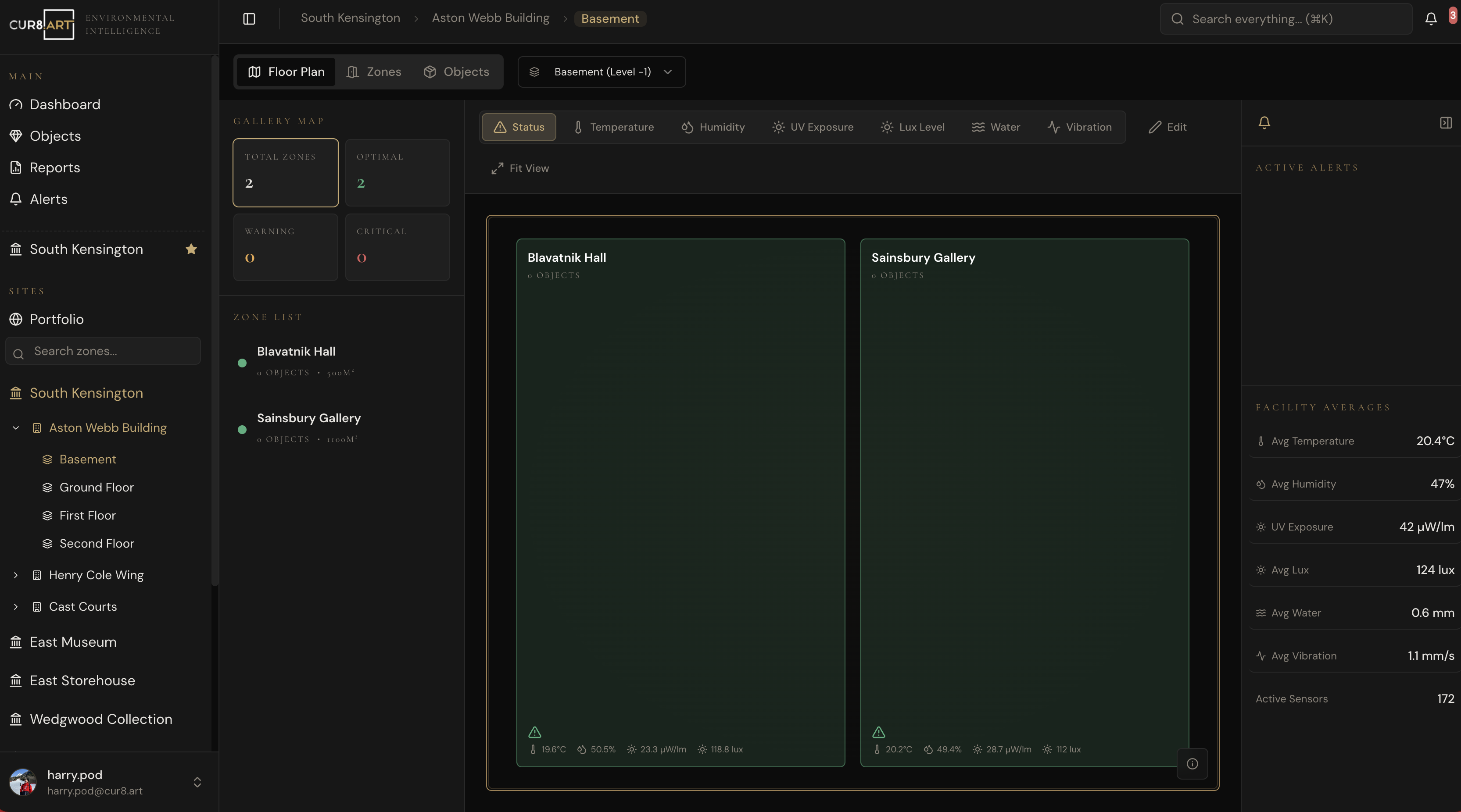 Cur8.art platform dashboard showing environmental monitoring and collection management